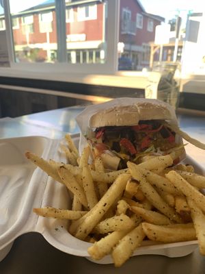 Delicious Nacho burger split to share!  at Juicy J's Smoked Burgers in Poulsbo