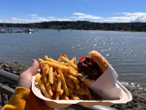 Nacho burger and fries at Juicy J's Smoked Burgers in Poulsbo