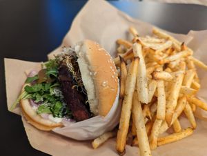 Garden burger with fries at Juicy J's Smoked Burgers in Poulsbo