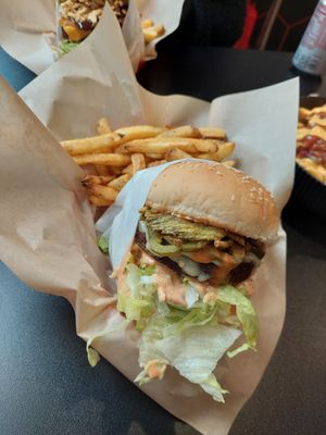 Firehouse burger w/ fries at Juicy J's Smoked Burgers in Poulsbo