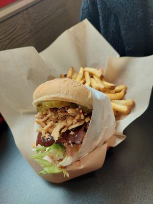 Western BBQ burger w/fries at Juicy J's Smoked Burgers in Poulsbo