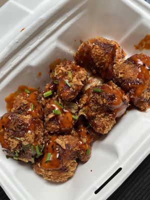 Vegan southern fried cauliflower bites with Korean sauce and kimchi 🤤   at Junkbox in Douglas