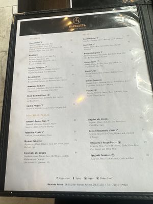 (V) circled options are vegan on the menu  at Macoletta Brick Oven Pizzeria in Queens