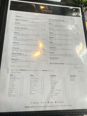 (V) circled options are vegan on the menu  at Macoletta Brick Oven Pizzeria in Queens