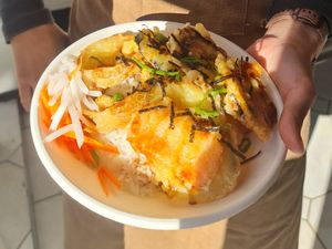 Assorted veggie Tempura bowl with Cookatoo Tonkatsu sauce and pickles. at Cookatoo Kitchen in Richmond