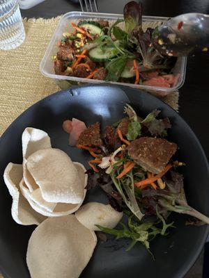 Mushroom crackers and nam tok gai tod  at Cookatoo Kitchen in Richmond