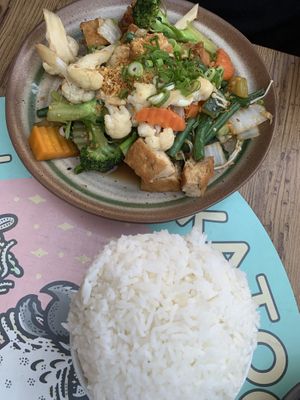 ‘Oyster’ sauce veggies and steamed rice.   at Cookatoo Kitchen in Richmond