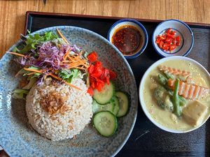 Thai green curry, supposedly with mock chicken - it came with tofu instead but we didn’t mind, the flavour was fire 😋  at Cookatoo Kitchen in Richmond
