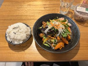 Sweet & Sour Vegan Chicken (Main) with Coconut Rice (sooo good!!!)  at Cookatoo Kitchen in Richmond