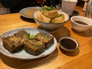 Chive cakes and Agedashi Tofu at Cookatoo Kitchen in Richmond