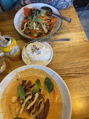 Delicious vegan sweet and sour chicken and vegan duck red curry!  at Cookatoo Kitchen in Richmond