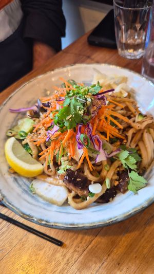 Drunken udon with vegan duck at Cookatoo Kitchen in Richmond