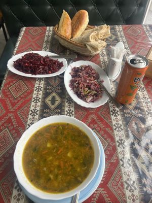 Lentil soup and salads  at LTD Aragast - Parus Lunch in Sevan
