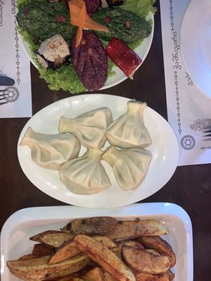 Pkhali, Khinkali and Mexican Potatoes  at Chashnagiri in Tbilisi