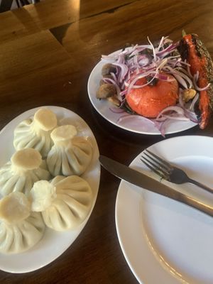 Mushroom khinkhali and grilled vegetables  at Chashnagiri in Tbilisi