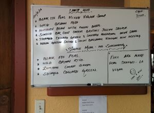 
The menu changes daily based on the freshest seasonal, organic ingredients available.
A full meal includes soup, rice, legumes, greens, mixed vegetables, and salad.
Today's meal: Black Eye Peas mixed Veggie Soup, Wild Brown Rice, Northern Bean with Onion Beets, Sauteed Bok Choy Carrot Broccoli Yellow Squash, Steamed Collard Greens with Shiitake Mushroom Onion Sauce, Mixed Green Salad with Balsamic Vinegar Mint Tahini Dressing. at Potala Organic Cafe in Albany