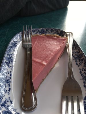 Strawberry pie with coconut and nut crust at Potala Organic Cafe in Albany