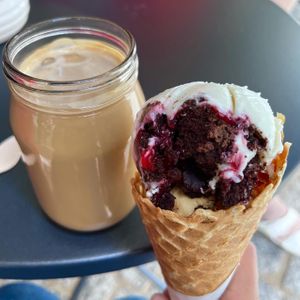 vanilla raspberry brownie and salted caramel macadamia   at enila plant based ice cream in Basel
