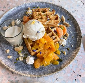 vanilla mandarin waffle  at enila plant based ice cream in Basel