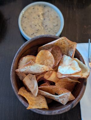 Chips with Pineapple dipping sauce at Hawker in Toronto