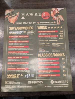 Tues thru Friday Menu at Hawker in Toronto