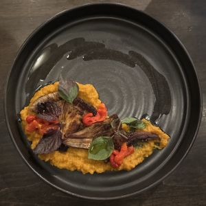 Mushrooms (carrot and forged Labrador tea puree, smoked shepherd peppers)  at Hawker in Toronto