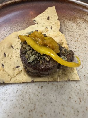 Papadam with eggplant, fermented chickpea, fennel  at Hawker in Toronto