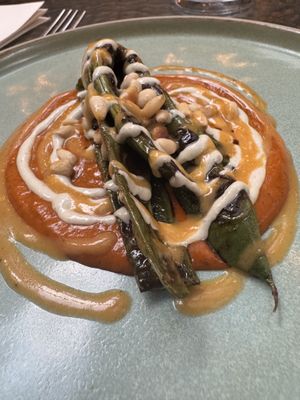 Runner beans, red pepper sauce, pine nuts  at Hawker in Toronto