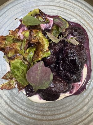 Grapes, cashew yogurt, Brussels sprouts   at Hawker in Toronto