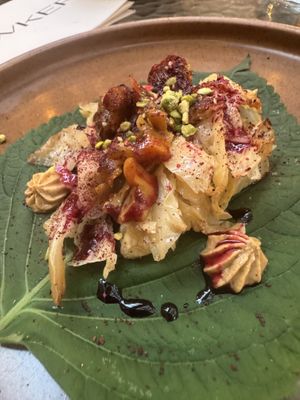 Perilla leaf, smoked cabbage, beet reduction, pistachio    at Hawker in Toronto