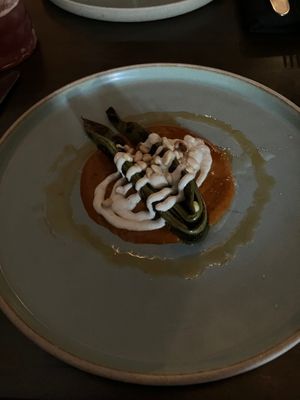 Runner beans with red pepper sauce and pine nut cream at Hawker in Toronto