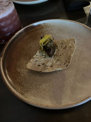 Papadum with eggplant, fermented chickpea and fennel at Hawker in Toronto