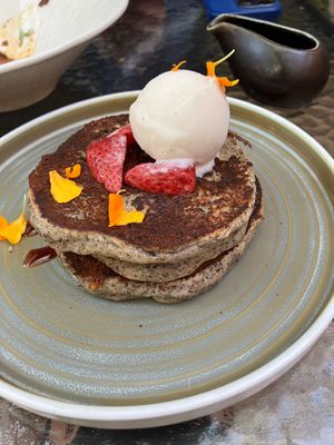 Brunch Buckwheat pancakes with fermented strawberries and spruce tip ice cream at Hawker in Toronto