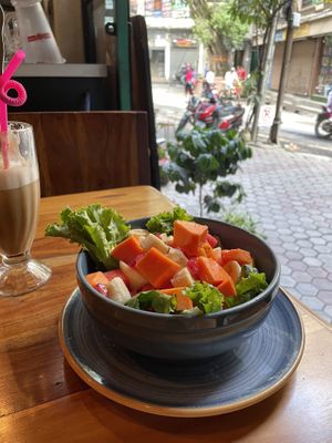 Fruit salad and iced latte with soy milkk  at Mitho Restaurant in Kathmandu