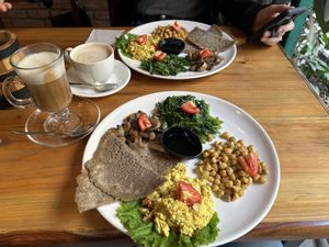 Vegan breakfast with plant-based coffees  at Mitho Restaurant in Kathmandu