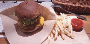 Soy meat vegan cheese burger with fries at Craft Beer Server Land in Tokyo