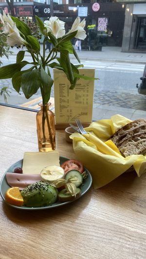 Vegan bread and avocado, cheese and "putenbrust" meat sausage thing  at Homely in Hamburg