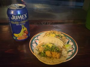 Jumex Mic and two vegan tacos at Casa de Tacos in Bucharest