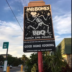 Outside you can easily see the sign from the road going both directions. at Mr Bones BBQ in Holmes Beach