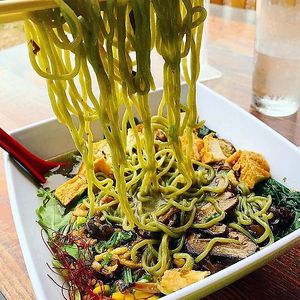 Magic Mushroom Ramen - Mushroom broth, tofu, steamed or fried rice, sautéed assortment of mushrooms, arugula, pepper strips at Edo Ramen House in Royal Oak