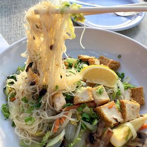 Pancit - Bihon (rice) noodles, onions, carrots, cabbage, mushrooms, with tofu (steamed or fried). (Vegan with Bihon (rice) noodles) at Edo Ramen House in Royal Oak