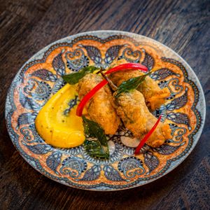 Veggie Paneer stuffed tempura mirch at Zahida in Copenhagen