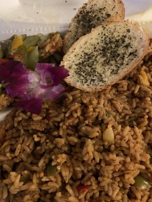 Jambalaya w/Vegan Hot Sausage & Garlic Bread (they were out of cornbread)  at Vegan Voodoo in Lancaster