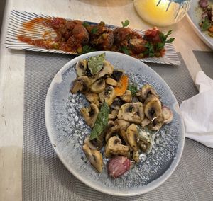 Vegan meatballs, garlic mushroom. I started eating before taking the pics sorry!   at Cristal in Mallorca