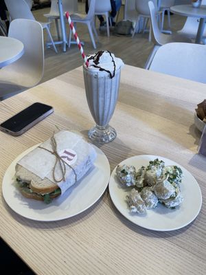 Sweet Potato, Falafel, and Hummus Sandwich/Vanilla Chocolate Chip Milkshake/Potato Salad!  at Ruby's of London in Tunbridge Wells