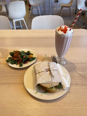 Kale and Butternut squash salad/Chickpea “Tuna” Sandwich/Strawberry Cream Milkshake!  at Ruby's of London in Tunbridge Wells