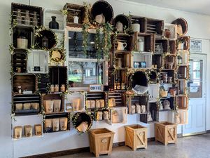 Cute wall with local items for sale (jam, tea, coffees, soaps, etc). at Doyle Farms in North Rose