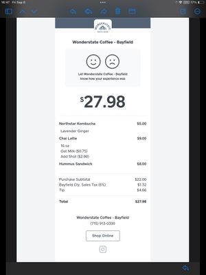 Upcharge for oat milk in dirty chai    at Wonderstate Coffee - Bayfield in Bayfield