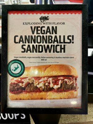 Vegan Cannonballs! Sandwich sign displayed prominently at the cash register   at Earl of Sandwich - Planet Hollywood in Las Vegas