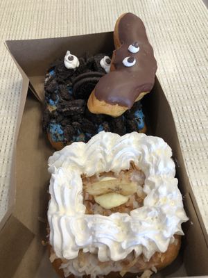 Cookie Monster, bat, coconut crème pie donut  at Rock N Roll Donut Bar in Monterey